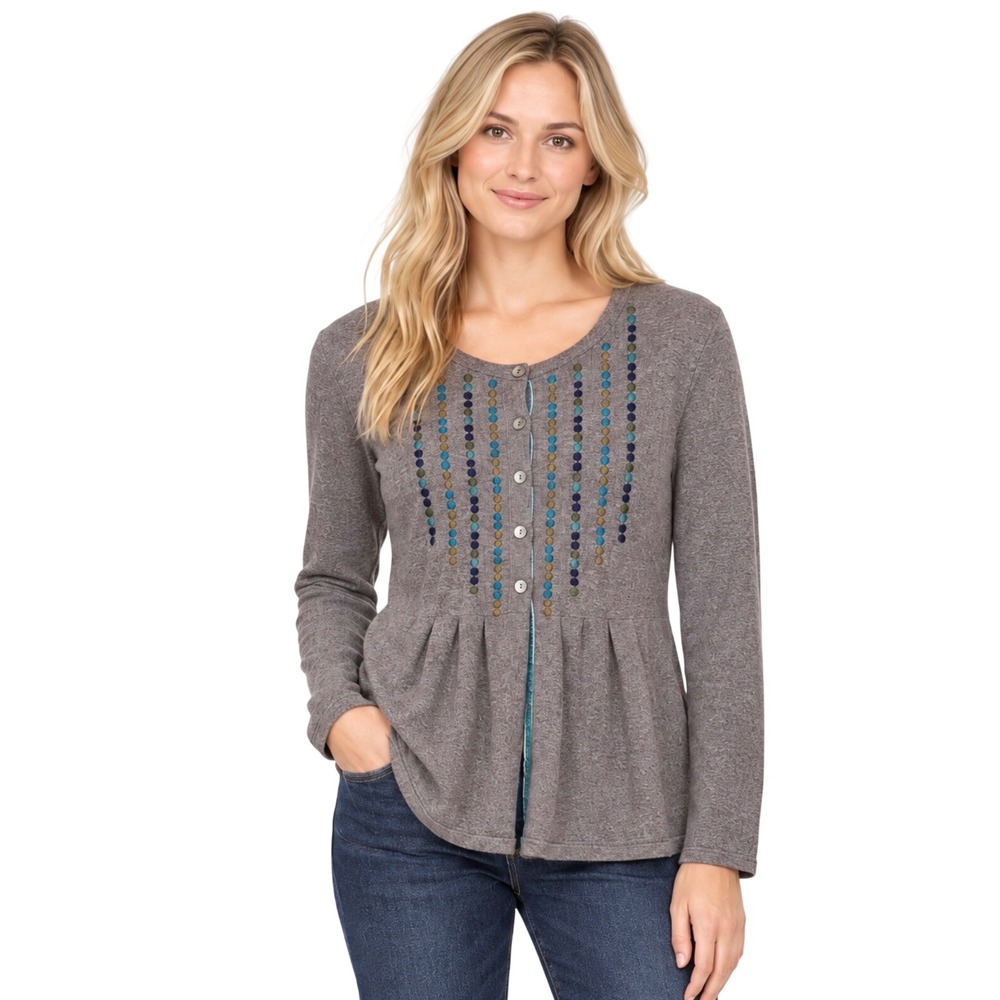 Boden Cardigan Sweater Brown Embroidered Dot Button Front Pleated Knit US 14